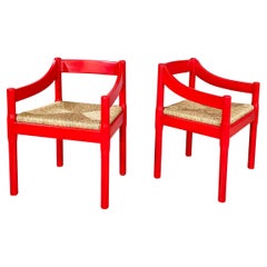 Italian modern red wood straw Chairs Carimate by Magistretti for Cassina, 1970s