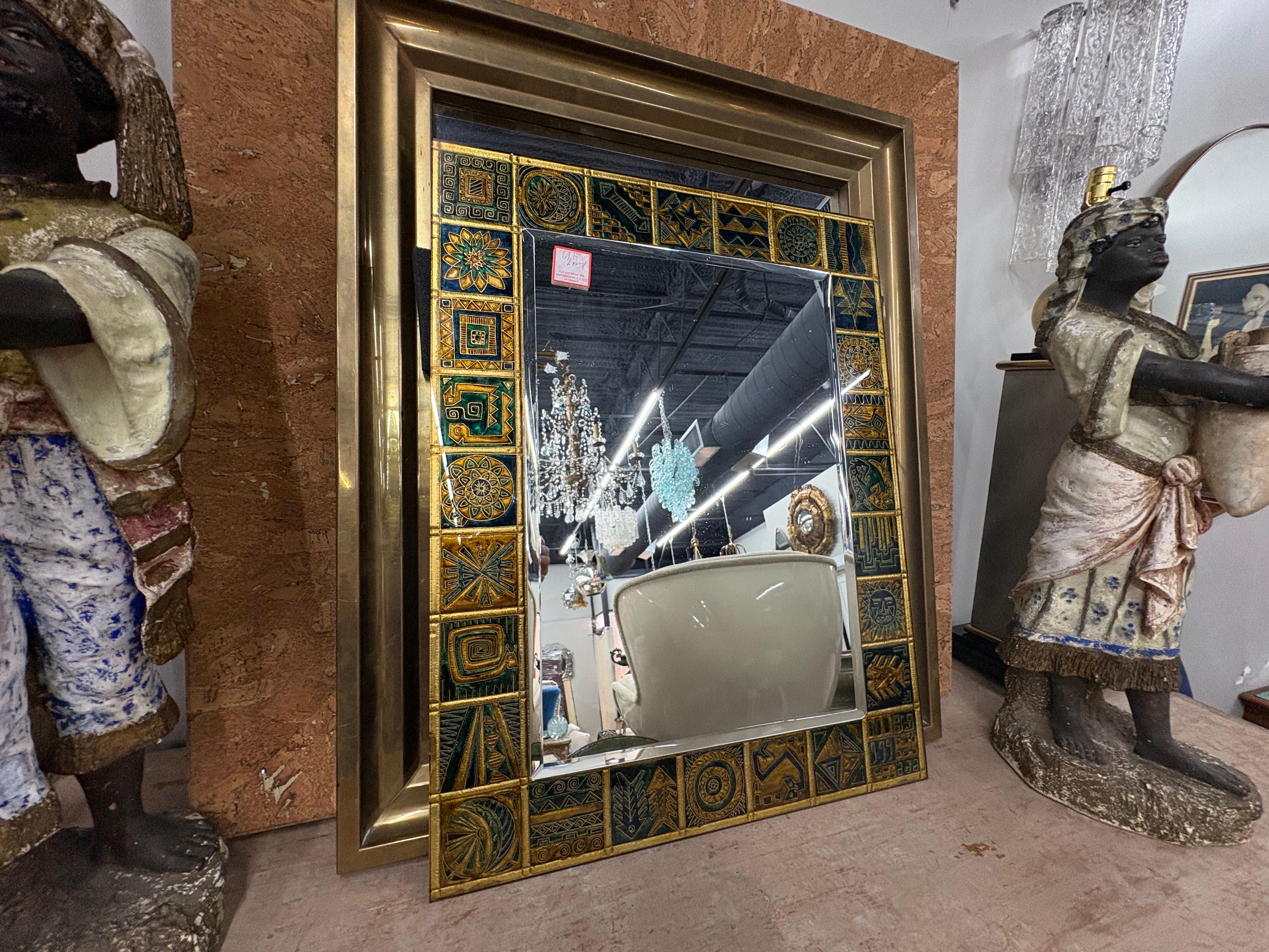 Italian Modern Reverse Decorated Beveled Mirror.
Offered is an unusual Italian Gio Ponti inspired mirror with reverse decorated panels with beautiful absract designs in lovely tones of golds, blues and greens. This is the perfect mirror for a powder