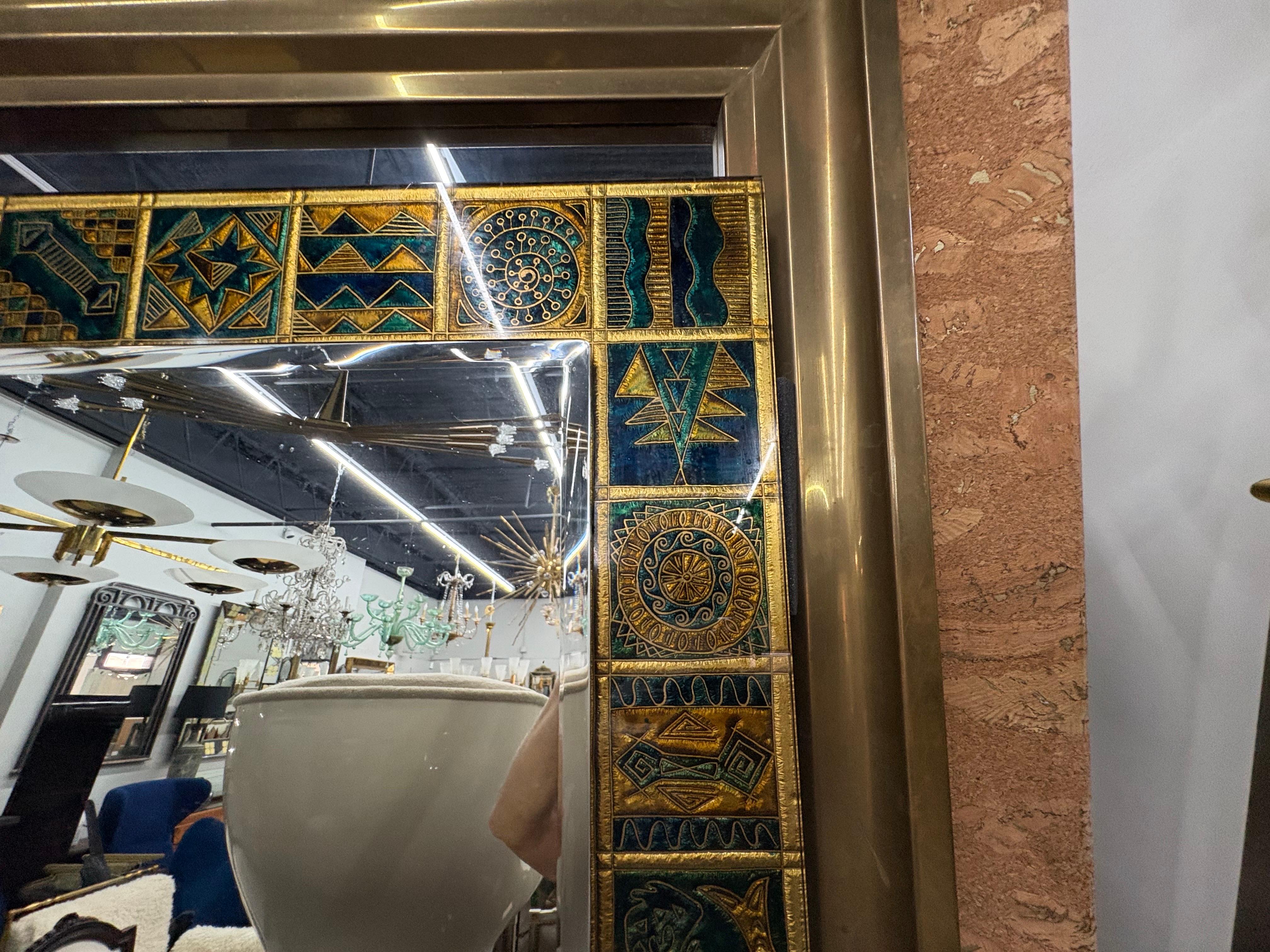 Italian Modern Reverse Decorated Beveled Mirror In Good Condition For Sale In Houston, TX