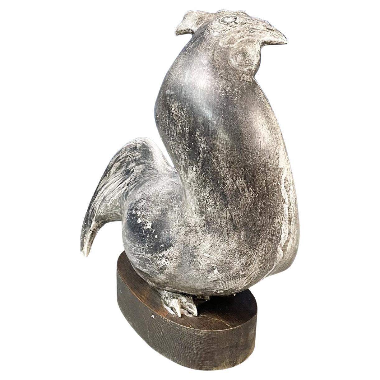 Italian Modern Rooster Statue in Grey Ceramic and Wood, 1980s For Sale