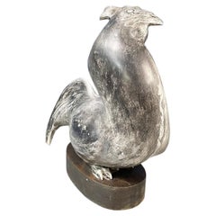 Vintage Italian Modern Rooster Statue in Grey Ceramic and Wood, 1980s