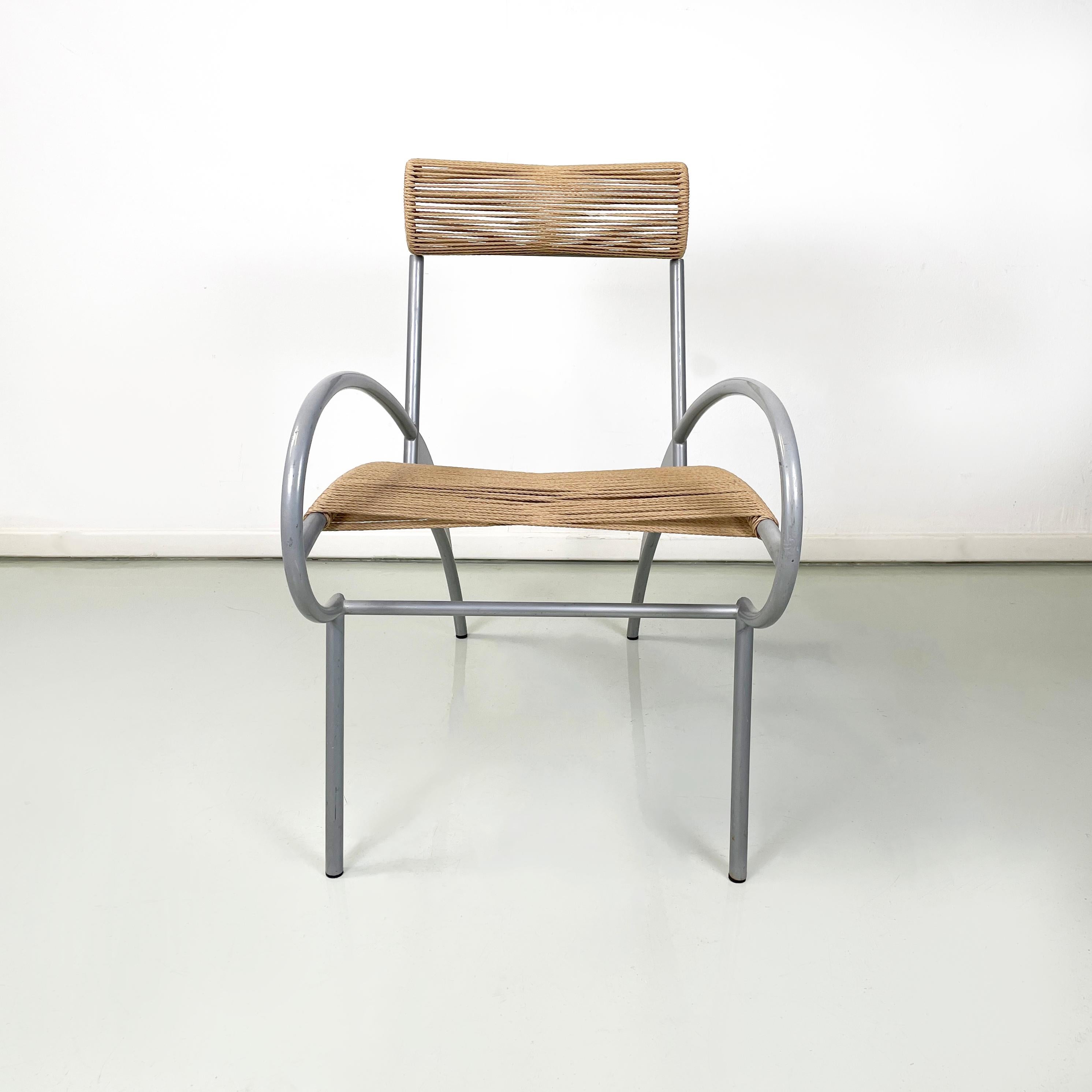 Italian modern rope and gray steel Juliette chair by Massimo Iosa-Ghini, 1990s
Juliette mod. chair with curved backrest and seat in rope. The structure is in gray enamelled tubular steel. The hind legs are curved and have a thin plate, also in gray