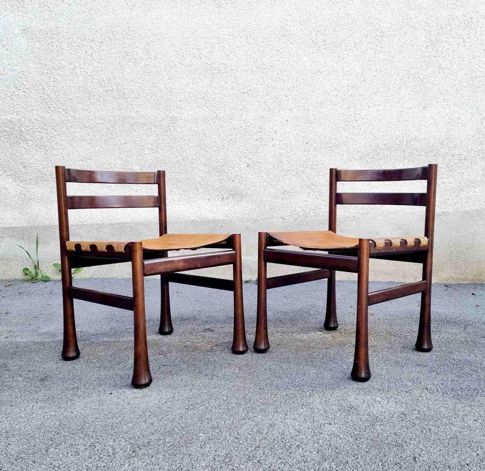 Mid-Century Modern Italian Modern Rosewood and Leather Dining Chairs, Design Luciano Frigerio, 70s For Sale