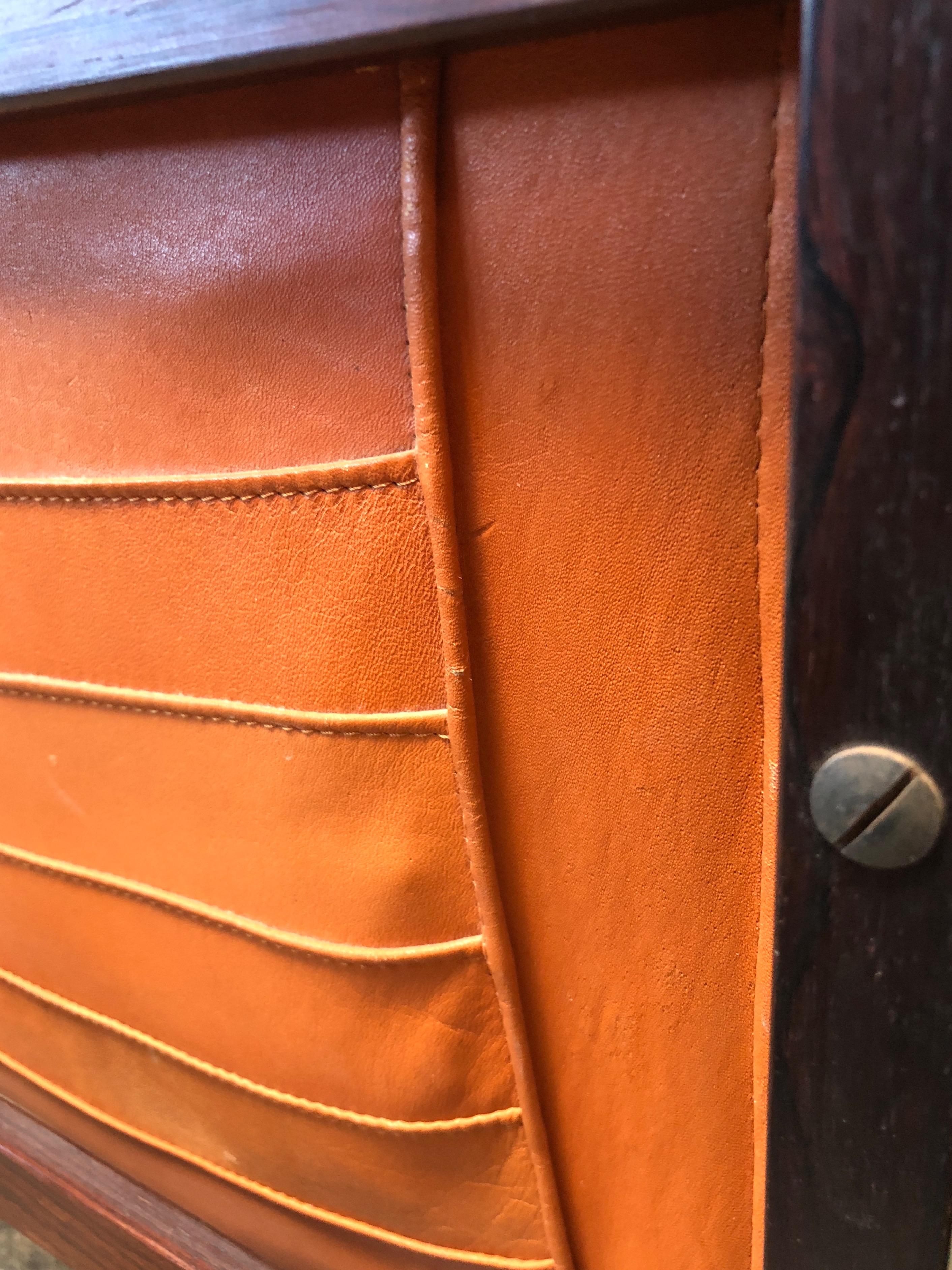 Italian Modern Rosewood and Orange Leather Magazine Rack 5