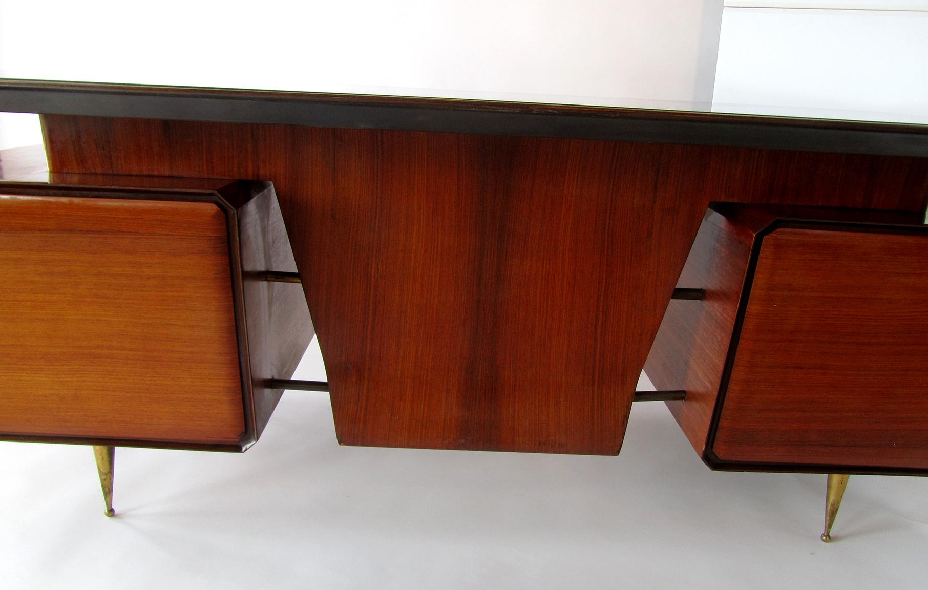 Italian Modern Rosewood, Mahogany, Glass and Bronze Executive Desk