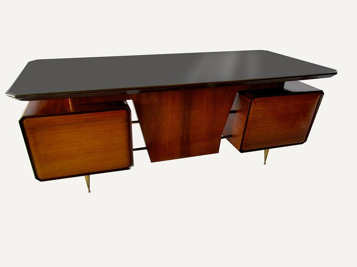 Mid-20th Century Italian Modern Rosewood, Mahogany, Glass and Bronze Executive Desk, circa 1955