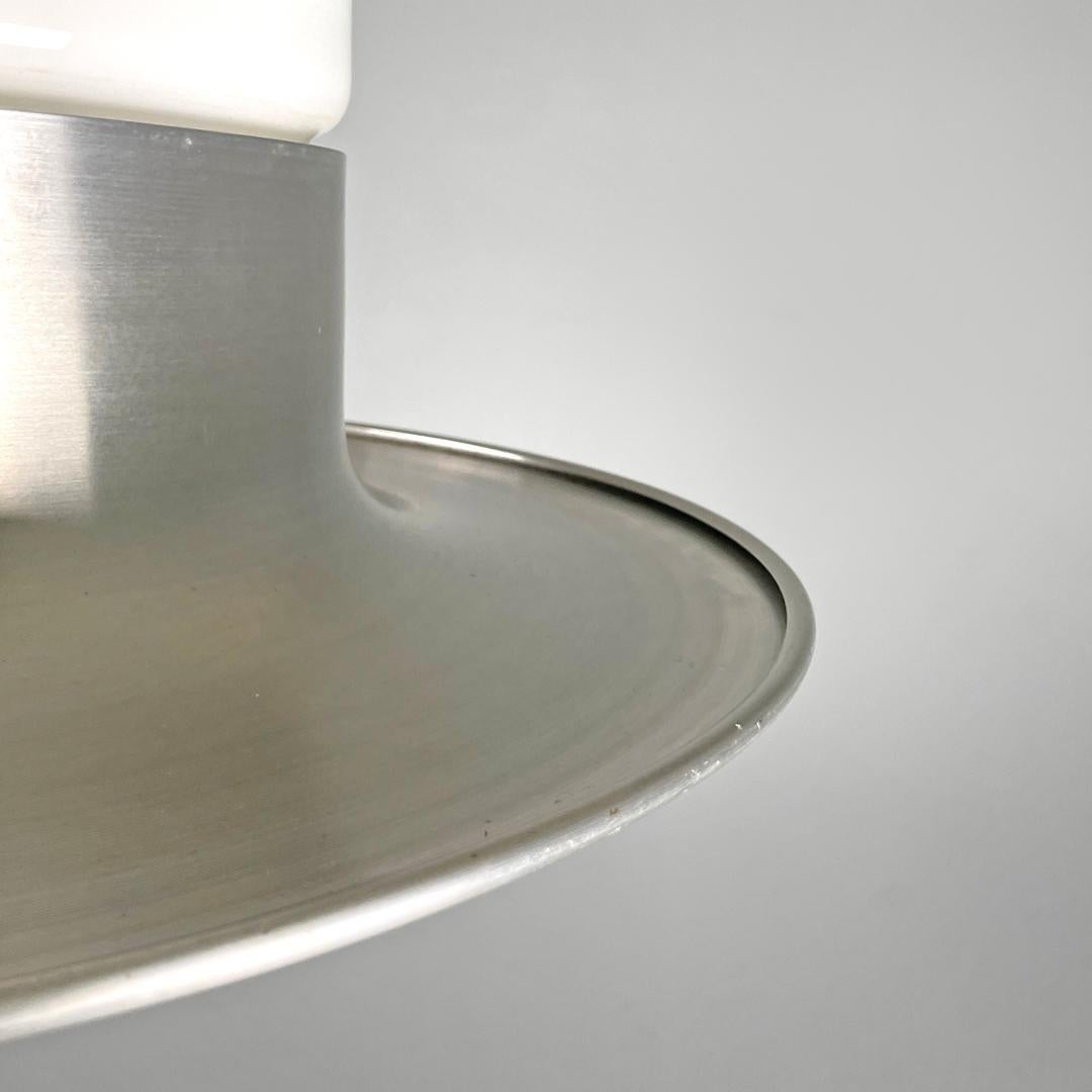 Italian modern round base chandelier in aluminum and white glass band, 1970s For Sale 10