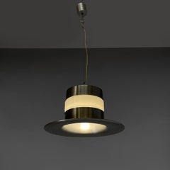 Italian modern round base chandelier in aluminum and white glass band, 1970s