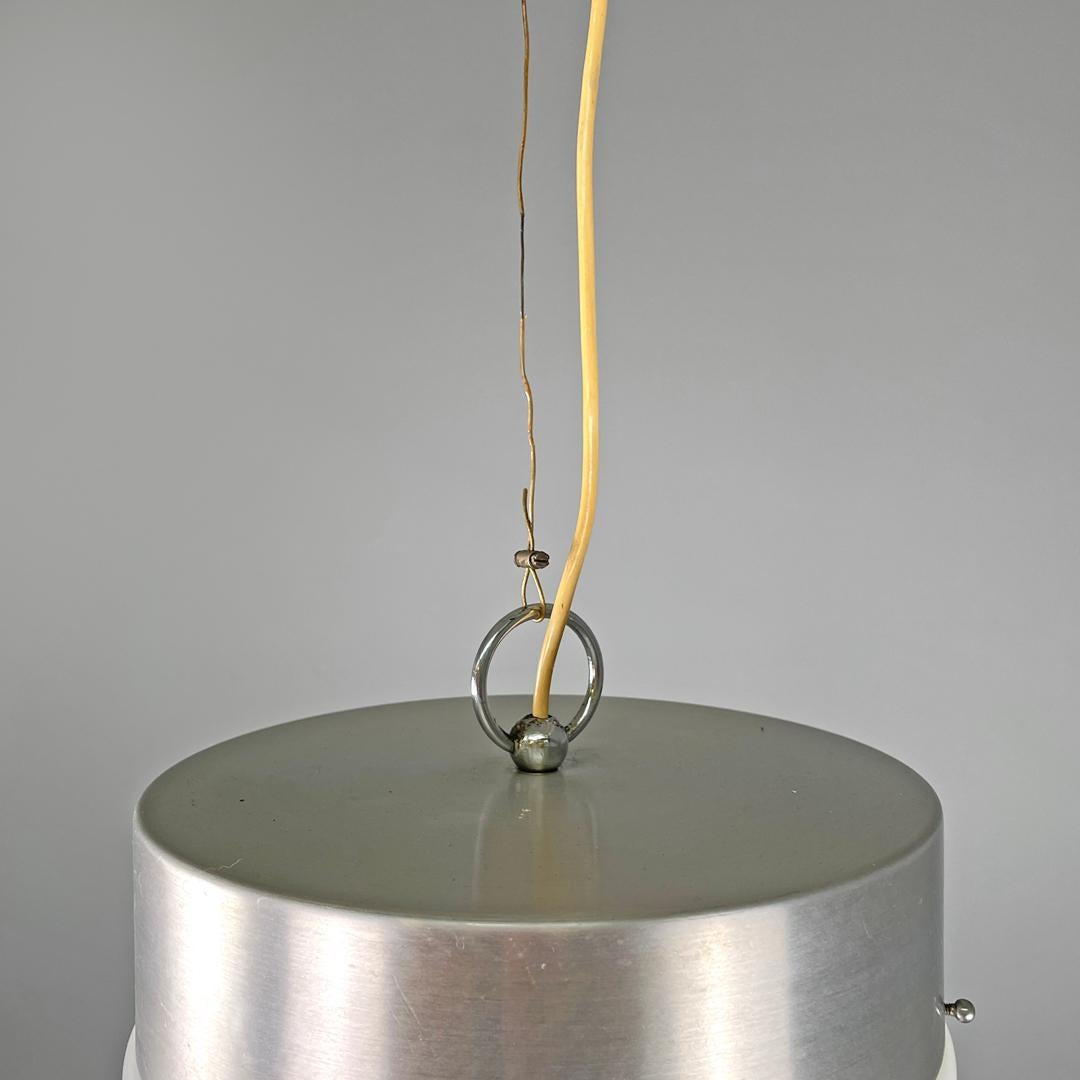 Italian modern round base chandelier in aluminum and white glass band, 1970s For Sale 2