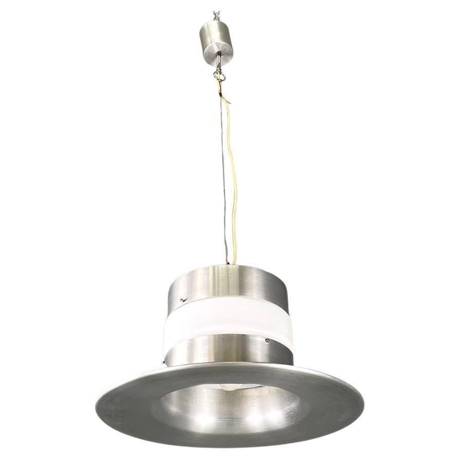 Italian modern round base chandelier in aluminum and white glass band, 1970s For Sale