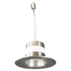 Italian modern round base chandelier in aluminum and white glass band, 1970s