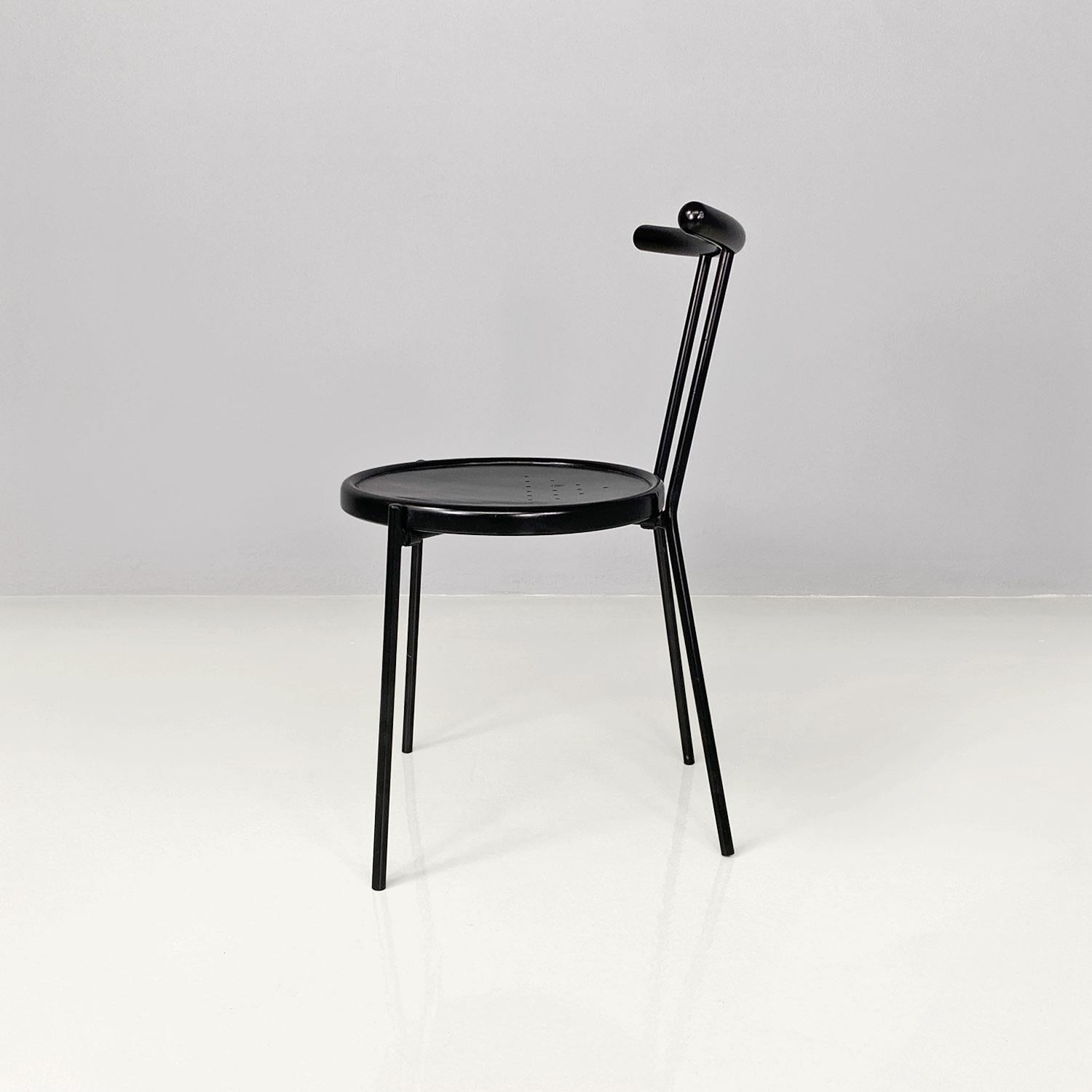 Metal Italian modern round black wood and metal chair, 1980s For Sale