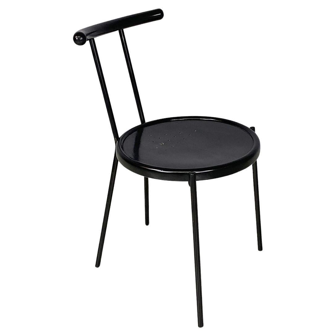 Italian modern round black wood and metal chair, 1980s For Sale