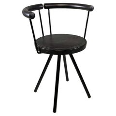 Italian Modern Round Chair in Black Leather and Metal, 1980s