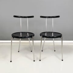Italian modern round Chairs in black wood and metal rod, 1980s