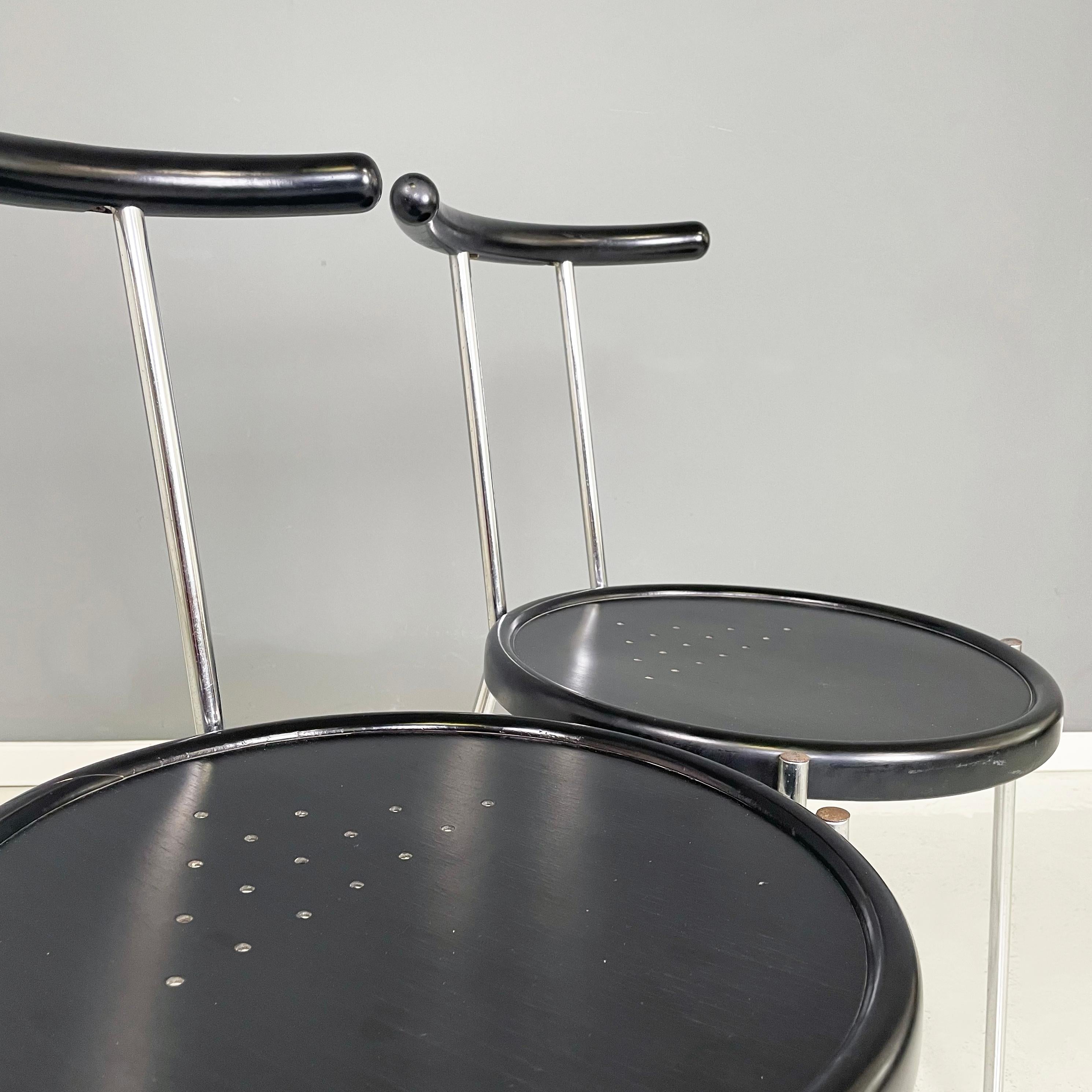 Late 20th Century Italian modern round Chairs in black wood and metal rod, 1980s For Sale