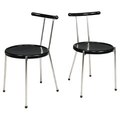 Italian modern round Chairs in black wood and metal rod, 1980s