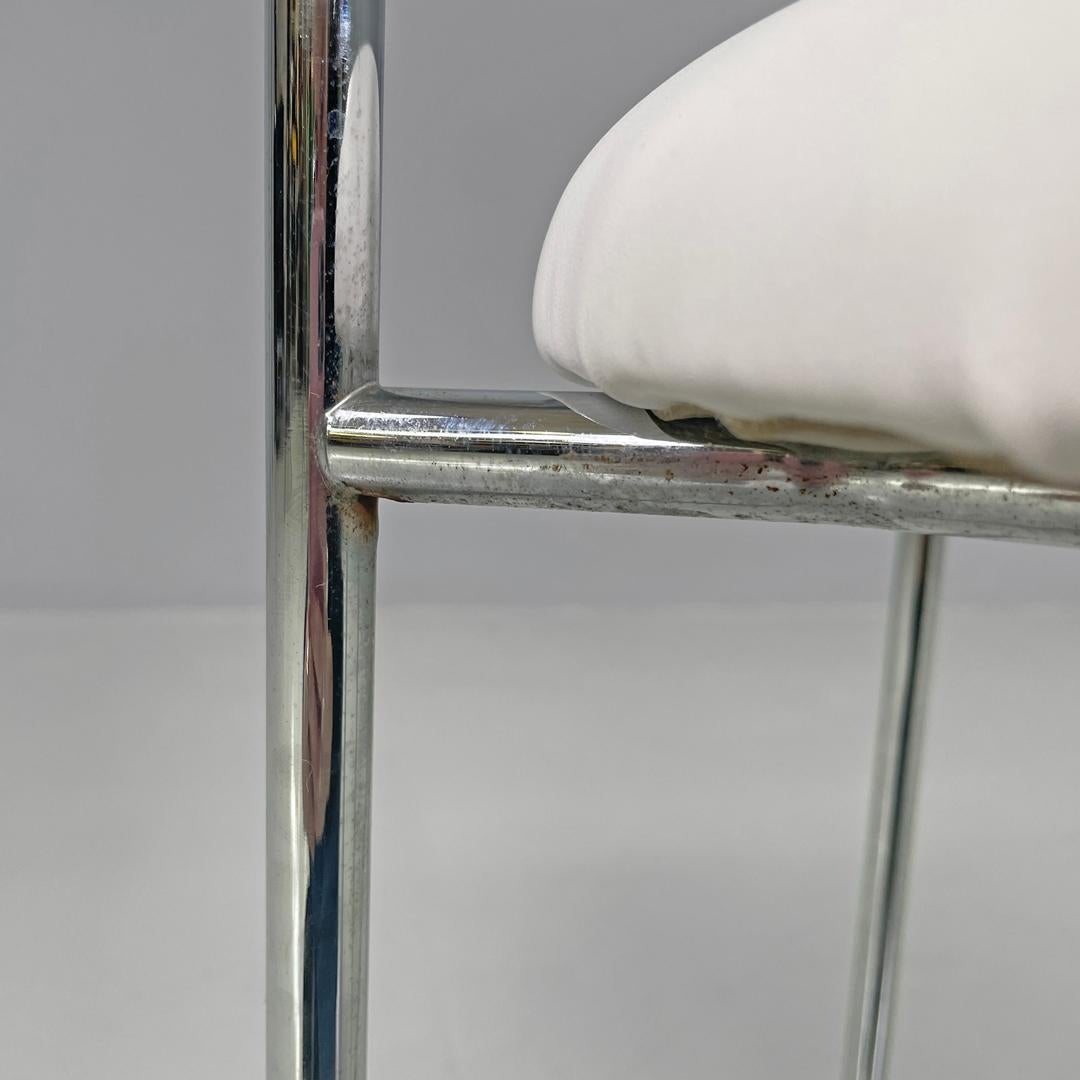 Italian modern round chromed metal stool and white faux leather, 1980s For Sale 6