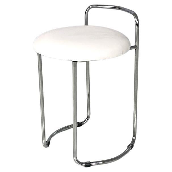 Italian modern round chromed metal stool and white faux leather, 1980s For Sale
