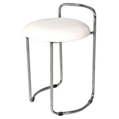 Retro Italian modern round chromed metal stool and white faux leather, 1980s
