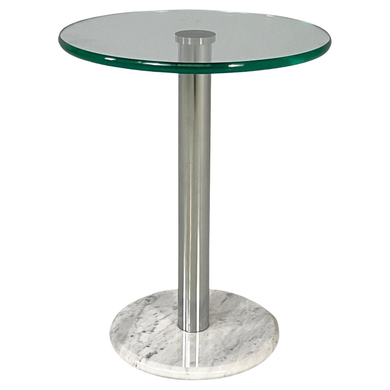 Table basse ronde moderne italienne en verre, acier et marbre, années 1980.