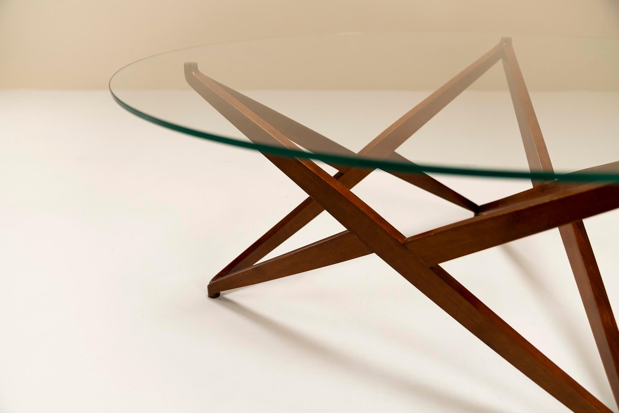Glass Italian Modern Round Coffee Table with Star-shaped Base by Angelo Ostuni, 1960s For Sale