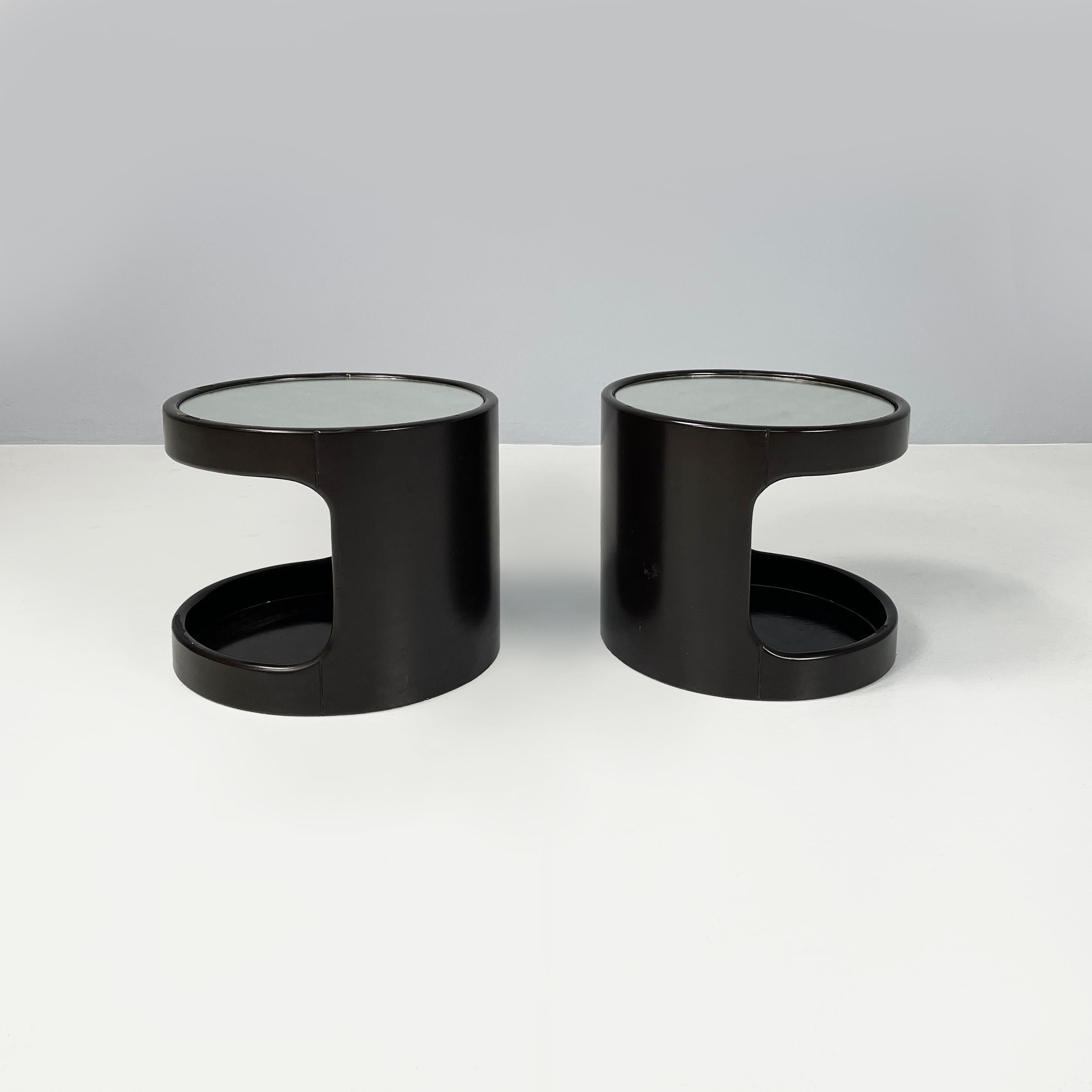 Modern Italian modern Round coffee tables in dark brown wood and mirror, 1980s For Sale