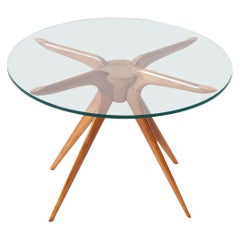 Italian Modern Round Glass Low Table with Beechwood Frame, 1950s