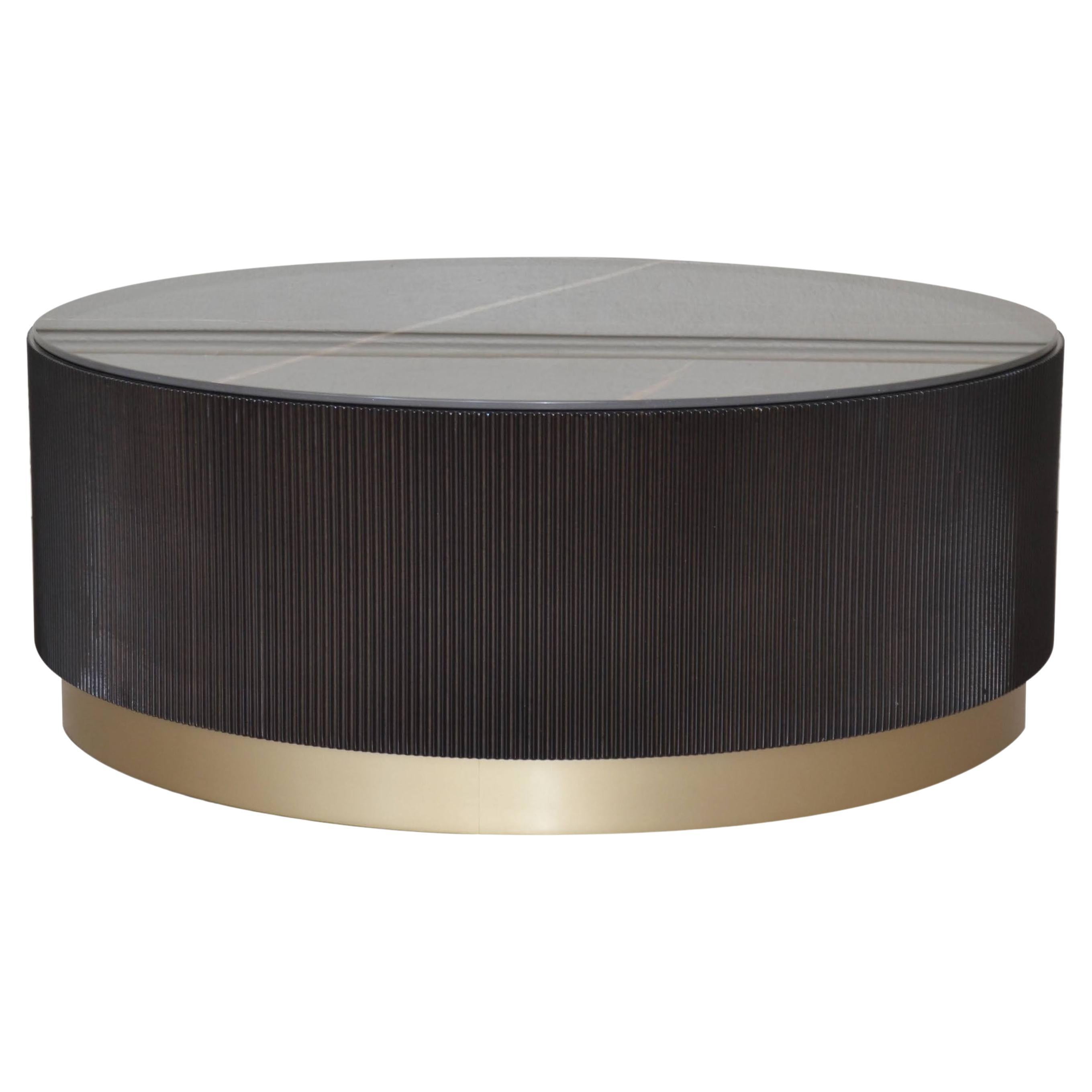 Italian Modern Round Large Coffee Table with Ceramic Top and Wooden Base For Sale