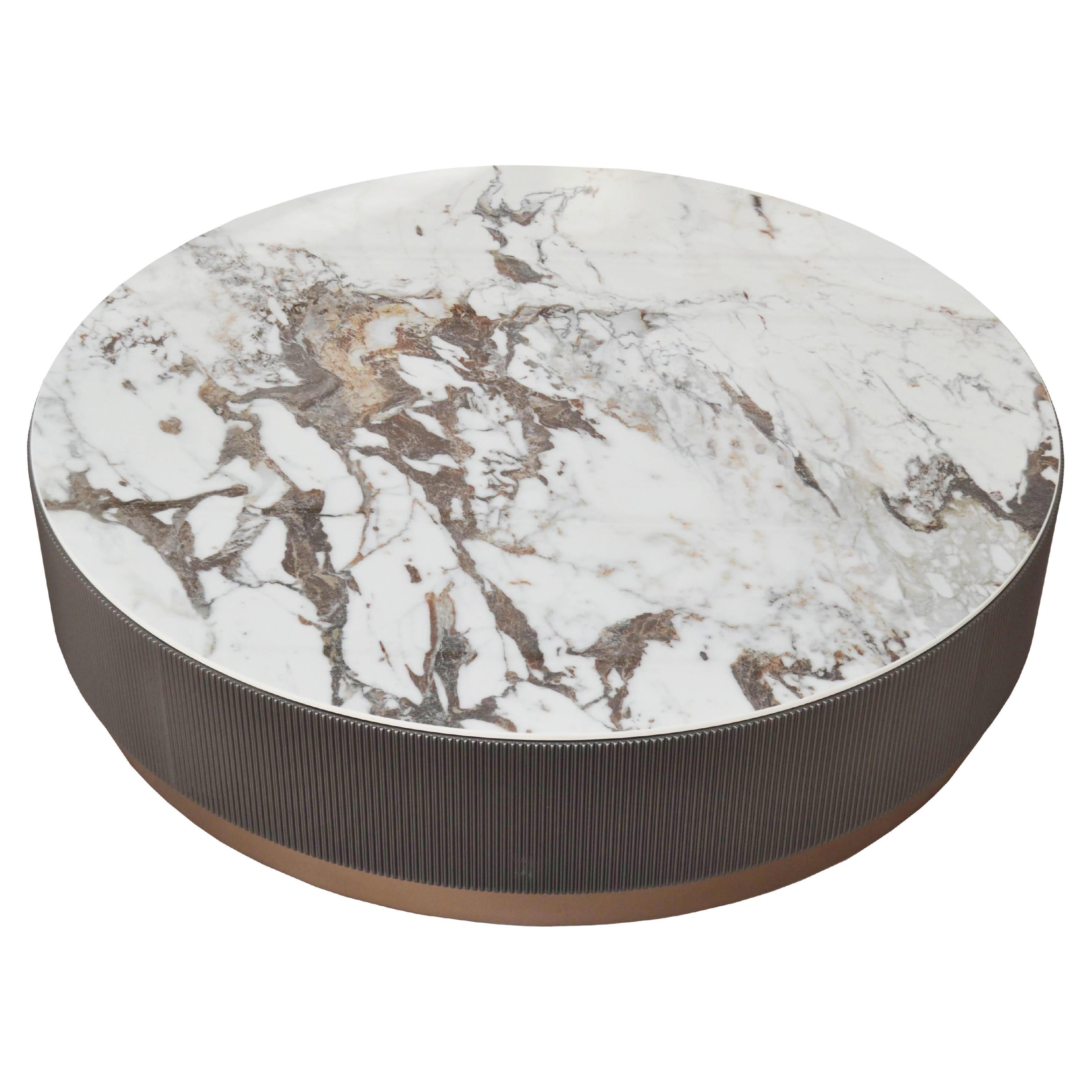Italian Modern Round Large Coffee Table with Ceramic Top and Wooden Base