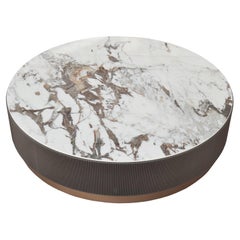 Italian Modern Round Large Coffee Table with Ceramic Top and Wooden Base