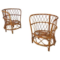 Italian modern round seatings rattan cockpit armchairs with decorations, 1970s