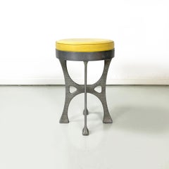 Italian round yellow leather and aluminium stool, 1940s