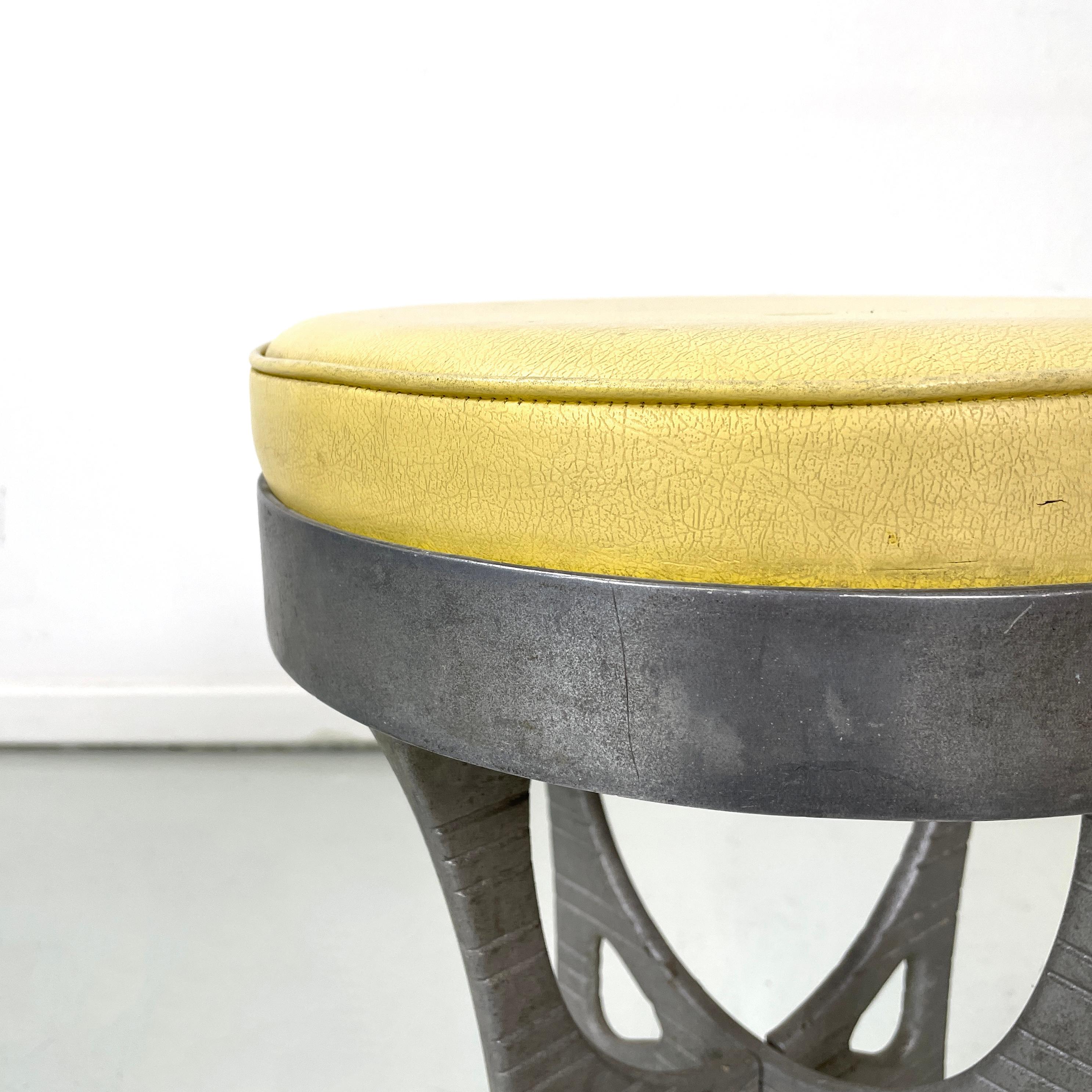 Aluminum Italian Round stool in yellow leather and aluminium, 1940s For Sale