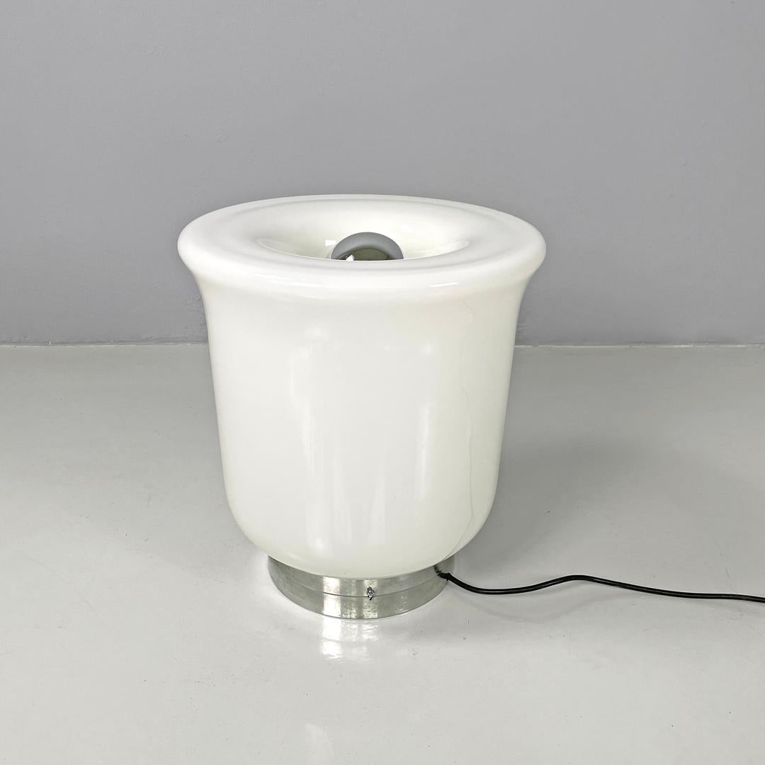 Late 20th Century Italian modern round table lamp with curved profiles metal and white glass 1970s For Sale