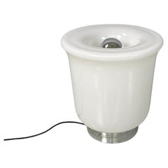 Italian modern round table lamp with curved profiles metal and white glass 1970s