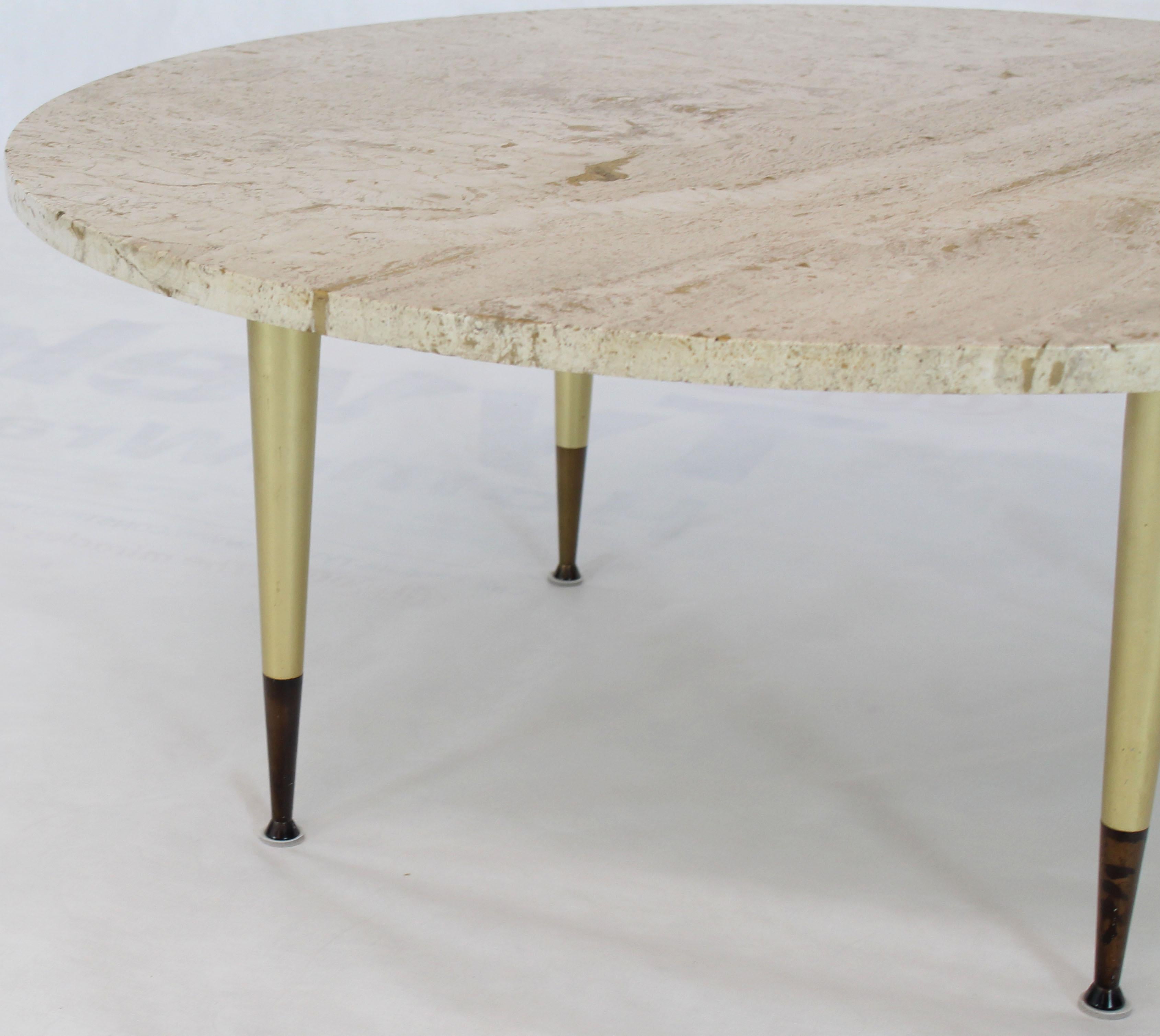 Polished Italian Modern Round Travertine Top Coffee Table on Tapered Metal Legs Base  For Sale
