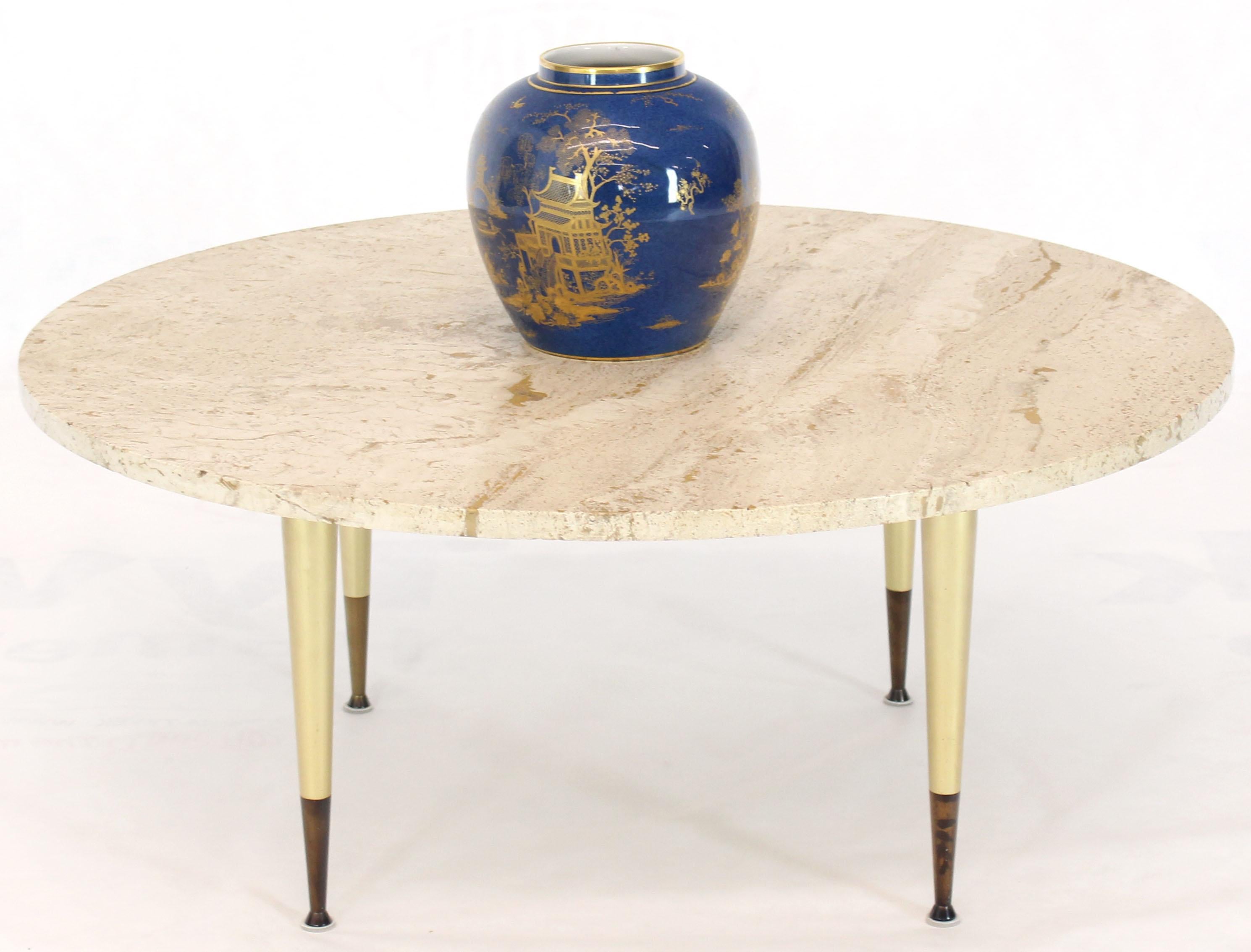 20th Century Italian Modern Round Travertine Top Coffee Table on Tapered Metal Legs Base  For Sale