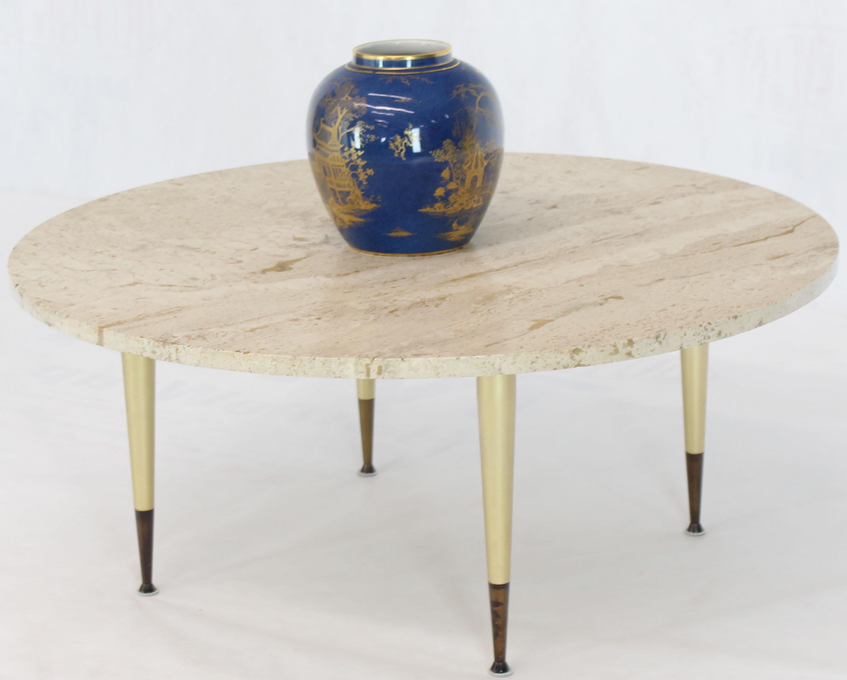 Brass Italian Modern Round Travertine Top Coffee Table on Tapered Metal Legs Base  For Sale