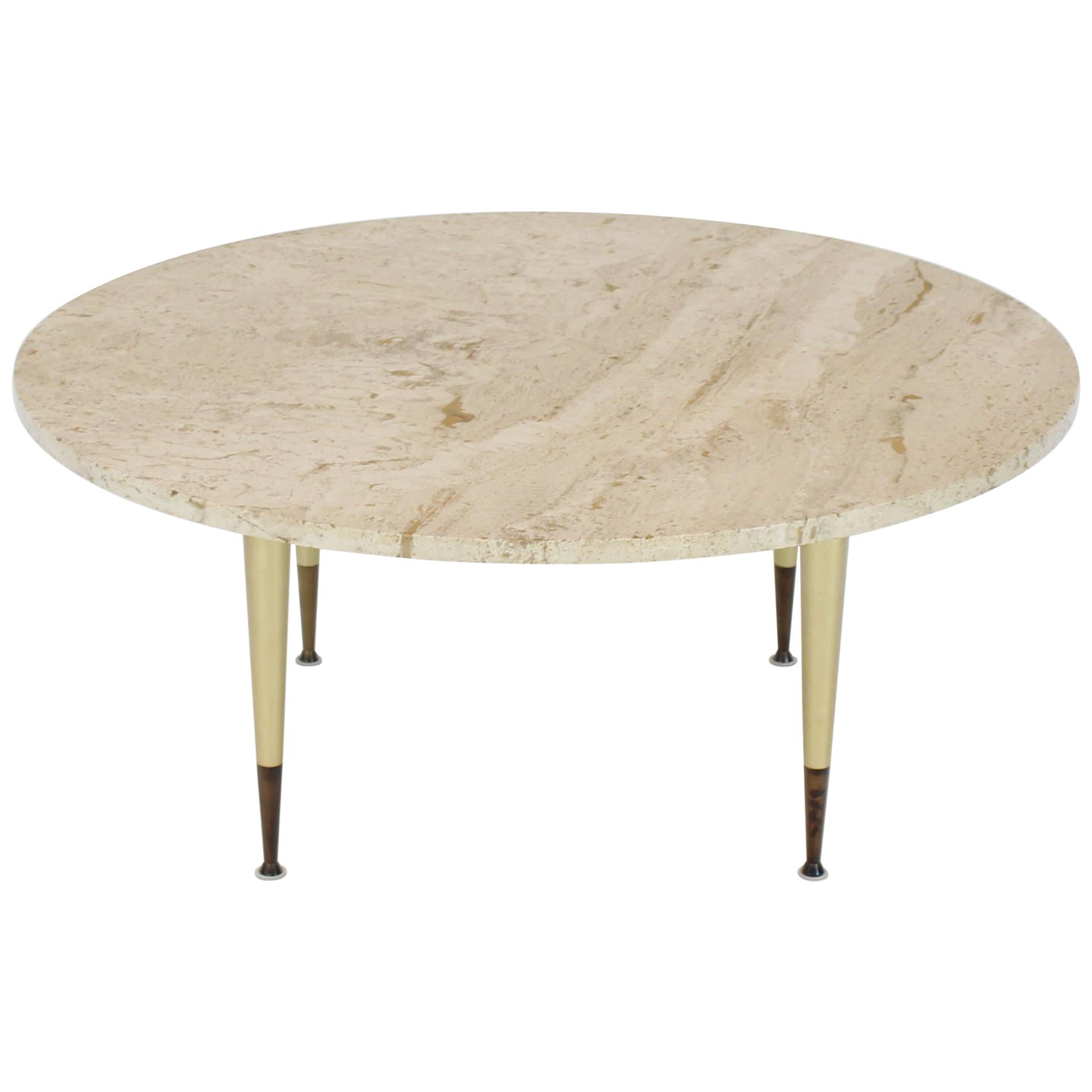Italian Modern Round Travertine Top Coffee Table on Tapered Metal Legs Base 