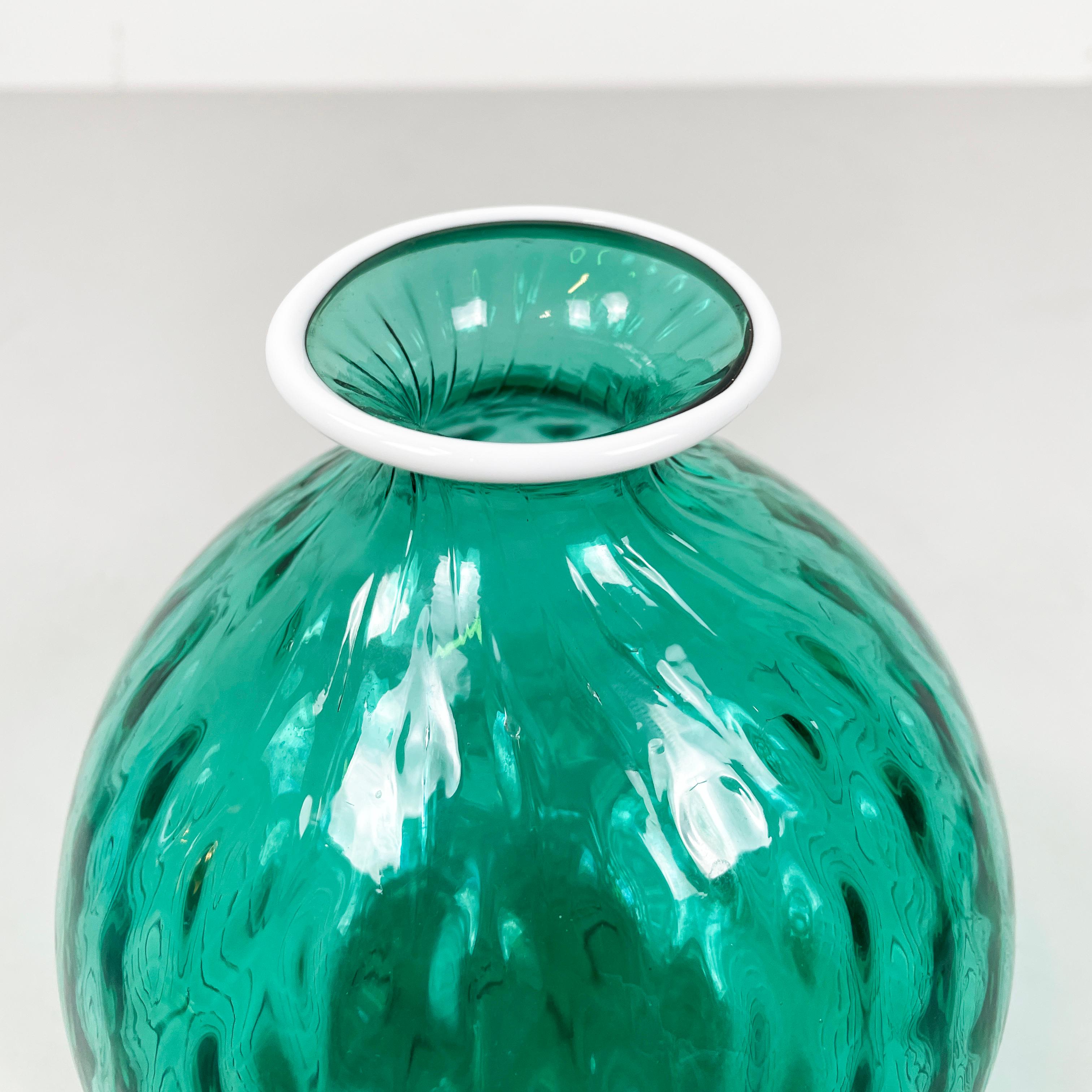 Murano Glass Italian modern round vase in green and white Murano glass by Venini 1990s For Sale
