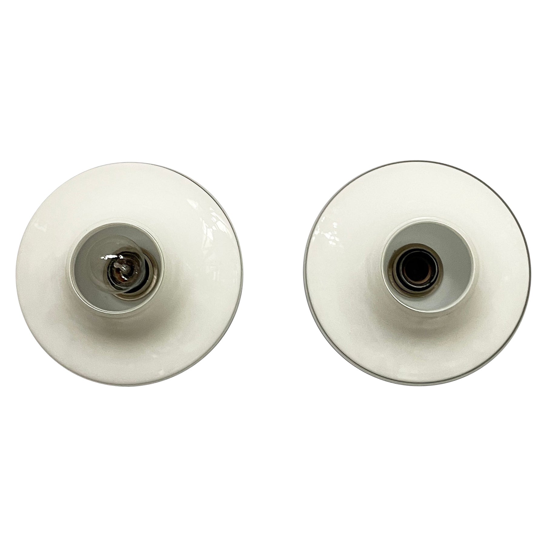 Italian modern round wall lamps in opaline glass, 1970s For Sale