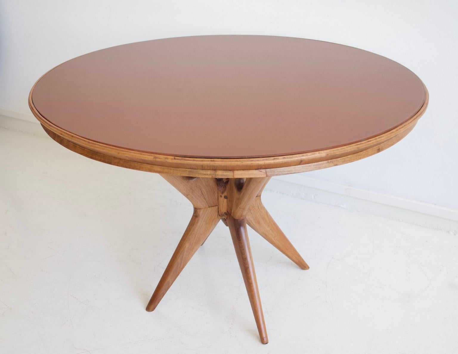 Italian Modern Round Walnut Wood Table with Glass Top 5
