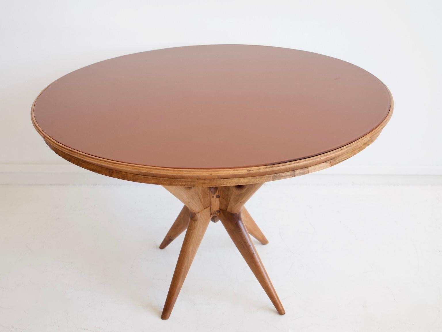 Painted Italian Modern Round Walnut Wood Table with Glass Top
