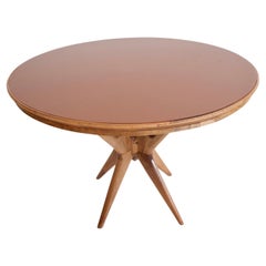 Italian Modern Round Walnut Wood Table with Glass Top