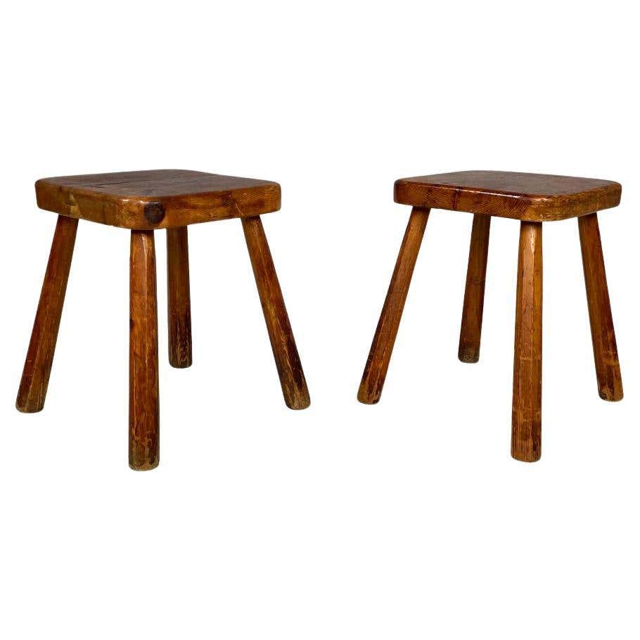 Italian mid-century modern square stools in wood and Vienna straw ...