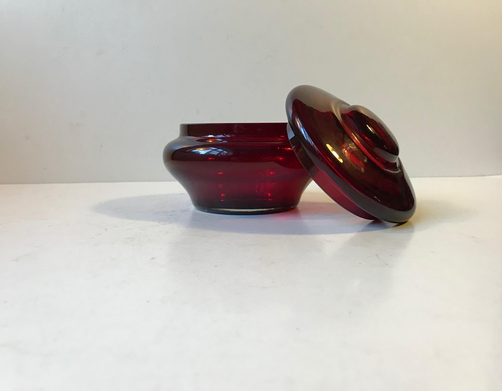 Mid-Century Modern Italian Modern Ruby Red Lidded Jar in Glass by Empoli, 1960s For Sale