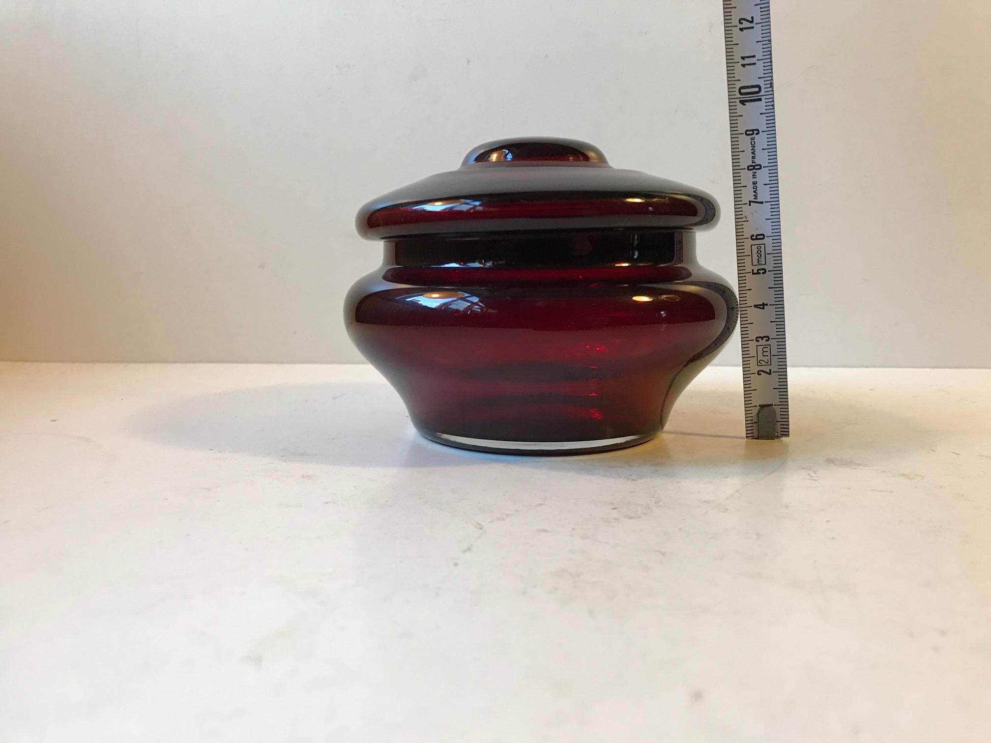 Blown Glass Italian Modern Ruby Red Lidded Jar in Glass by Empoli, 1960s For Sale