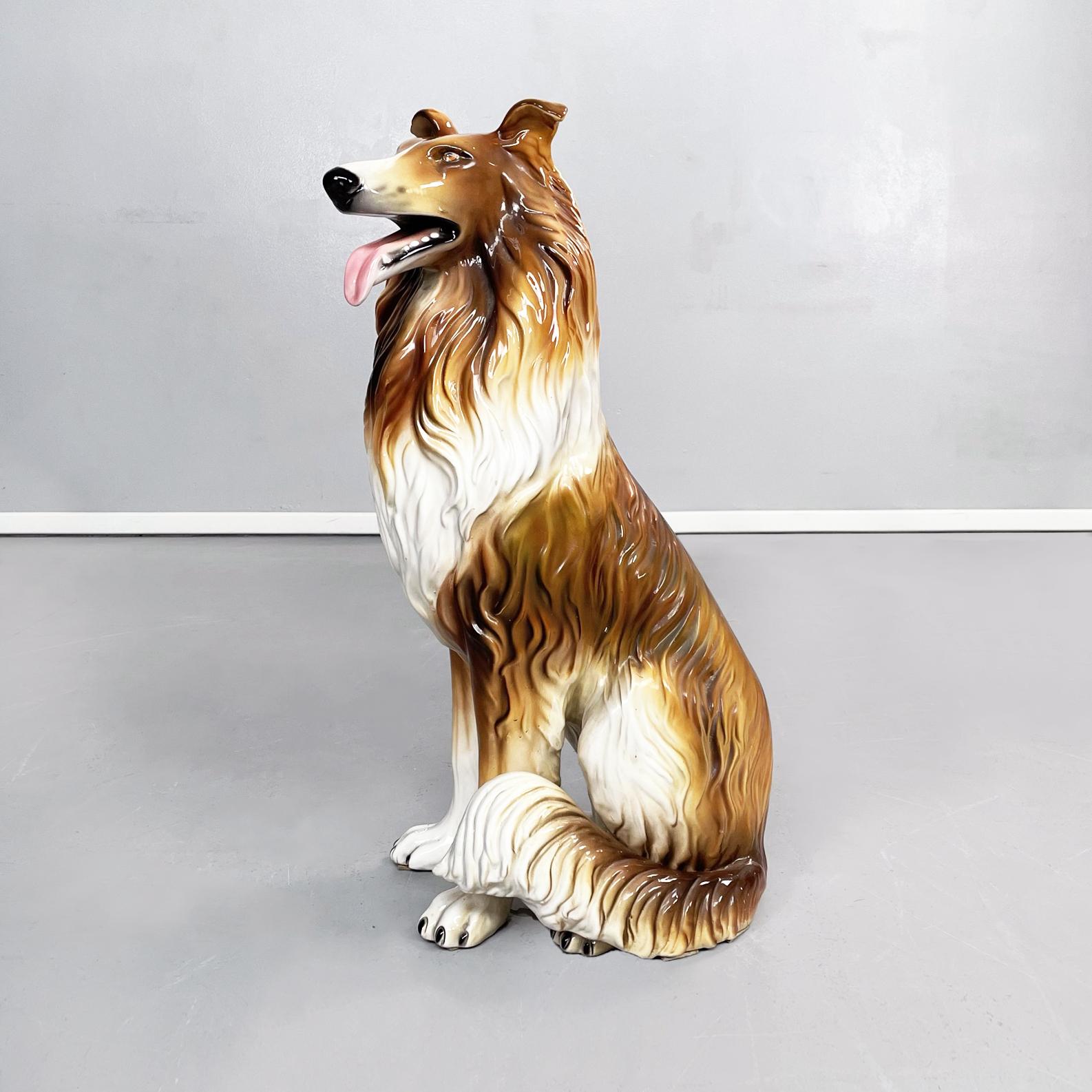Italian modern Sculpture of sitting rough collie dog in ceramic, 1970s

Sculpture of a sitting long-haired rough collie dog, in brown, white, beige, pink and black ceramic. 
The sculpture is finely worked in all details.
Produced in Italy in Bassano