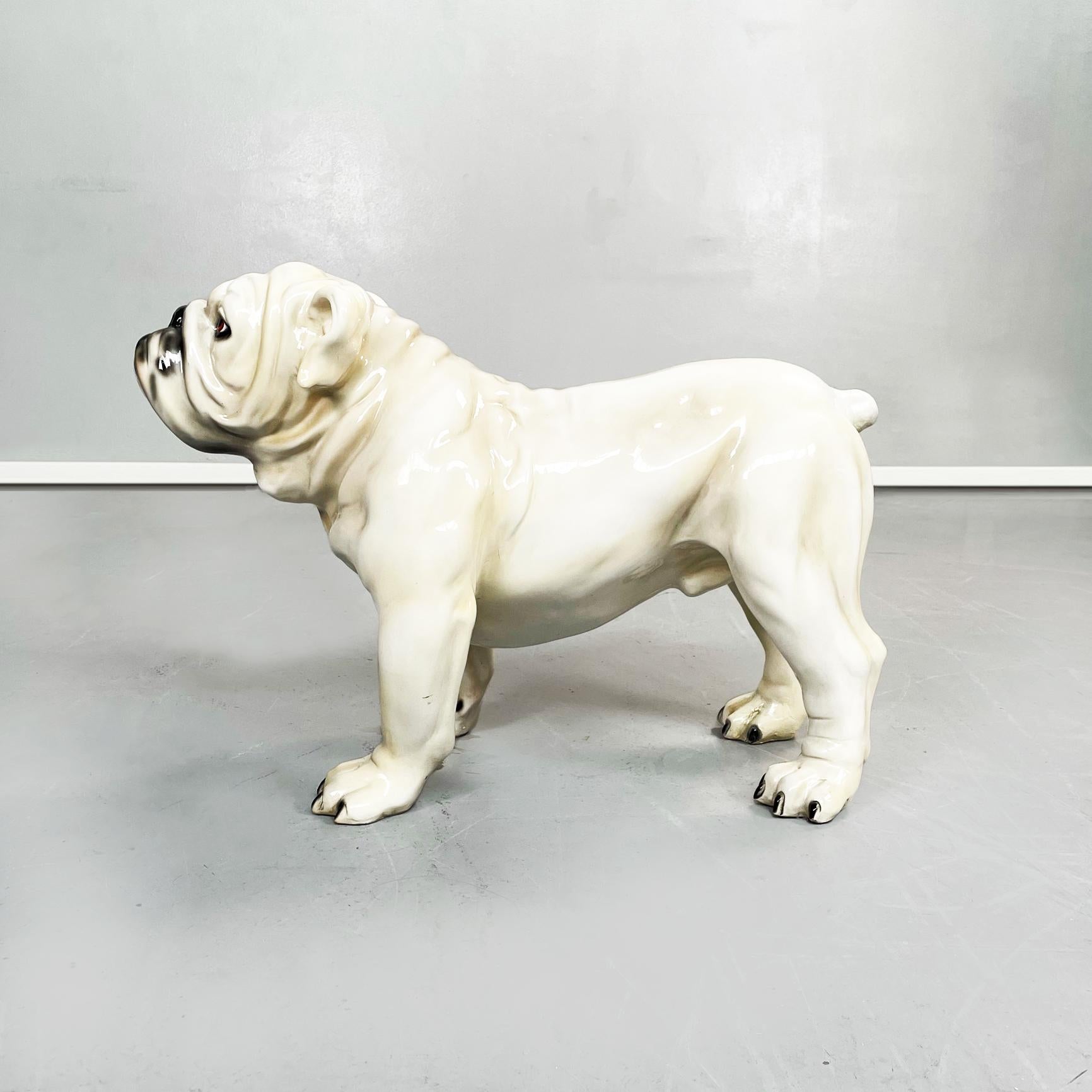 Late 20th Century Italian Modern Sculpture of Standing Bulldogge Dog in Beige Black Ceramic, 1970s For Sale